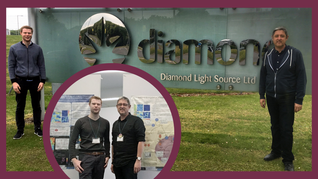 Clinton Kidman and Dr Ross Graham at the UK Synchrotron in Didcot, and with two of their posters at Bioiron 2019, in Heidelberg, Germany.